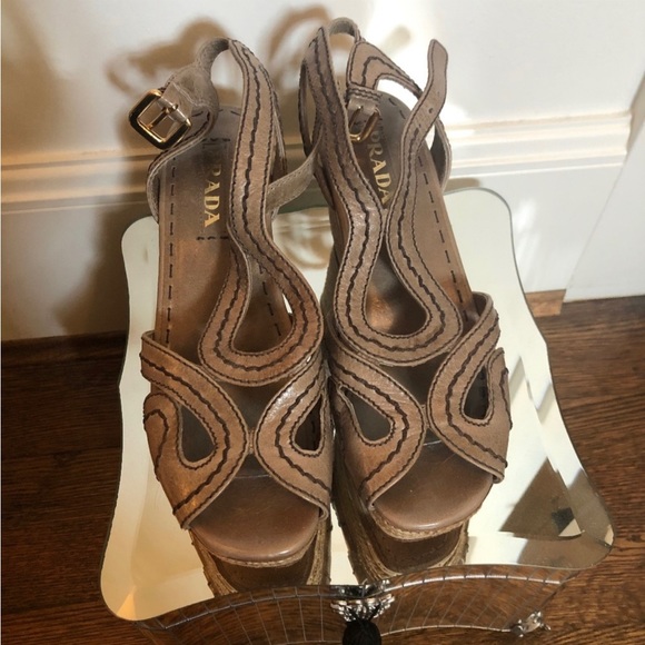 Prada Leather Espadrille Wedge Sandals 37.5 or US 7.5 - Picture 1 of 5